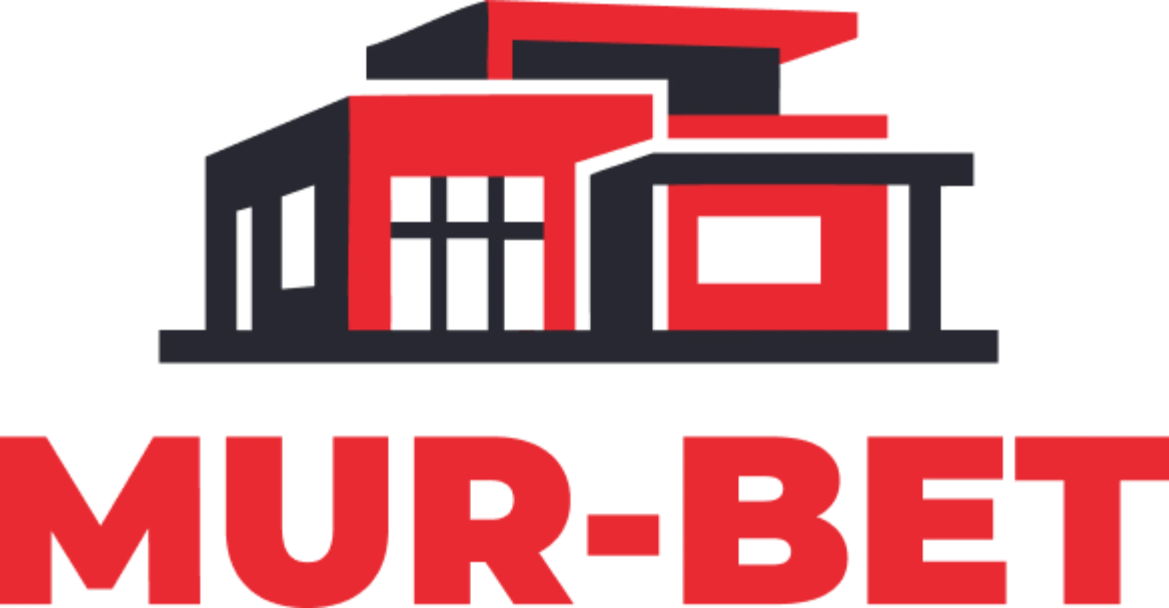Logo firmy budowlanej z stylizowanym konturem domu i napisem MUR-BET w czerwono-czarnej kolorystyce